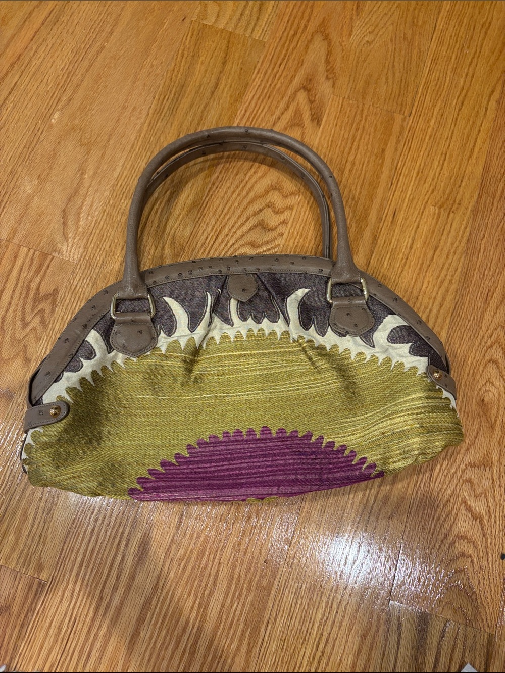 Darby Scott Handbag in Olive Green and Plum with Taupe Trim